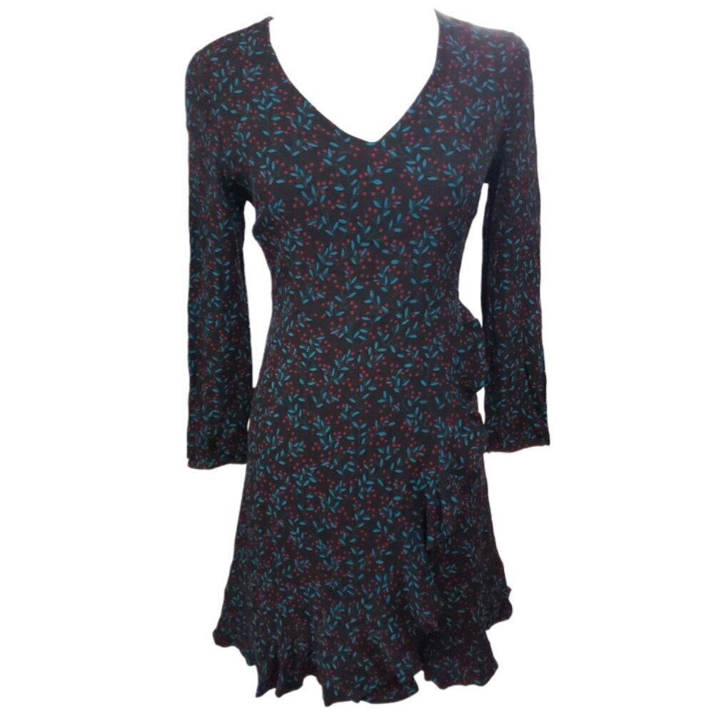 Draper James Berry, & Leaf Print Black, Burgundy, Teal V-Neck Womens Dress | 6